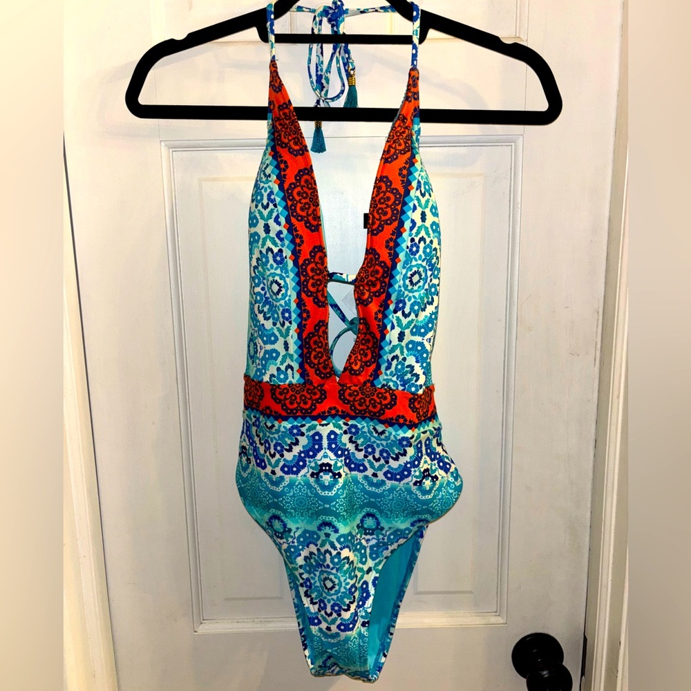 La Blanca In the Mix Halter plunge front swimsuit sz 10